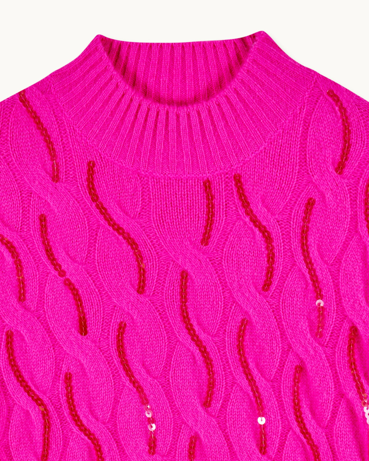 Pull Col Montant Torsades Et Strass - Passion Pink - Femme