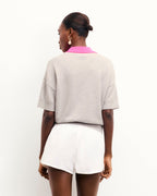 Two-Tone Short-Sleeved Polo-Neck Jumper - 1502 Light Mottled Grey - Women