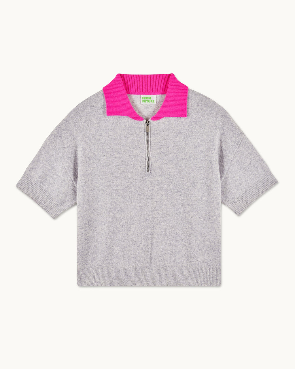 Two-Tone Short-Sleeved Polo-Neck Jumper - 1502 Light Mottled Grey - Women