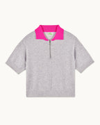 Two-Tone Short-Sleeved Polo-Neck Jumper - 1502 Light Mottled Grey - Women