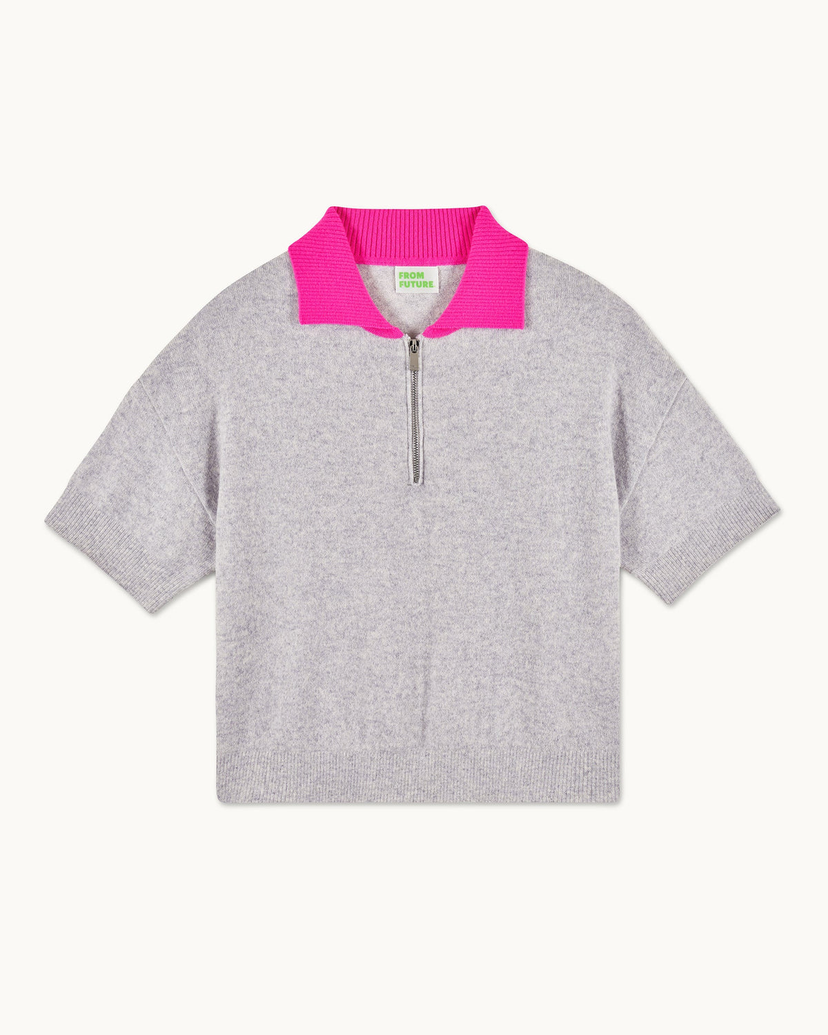 Two-Tone Short-Sleeved Polo-Neck Jumper - 1502 Light Mottled Grey - Women