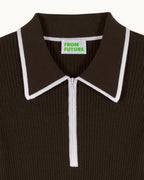 Pull Col Polo Bicolore Zippé - Chocolat - Femme