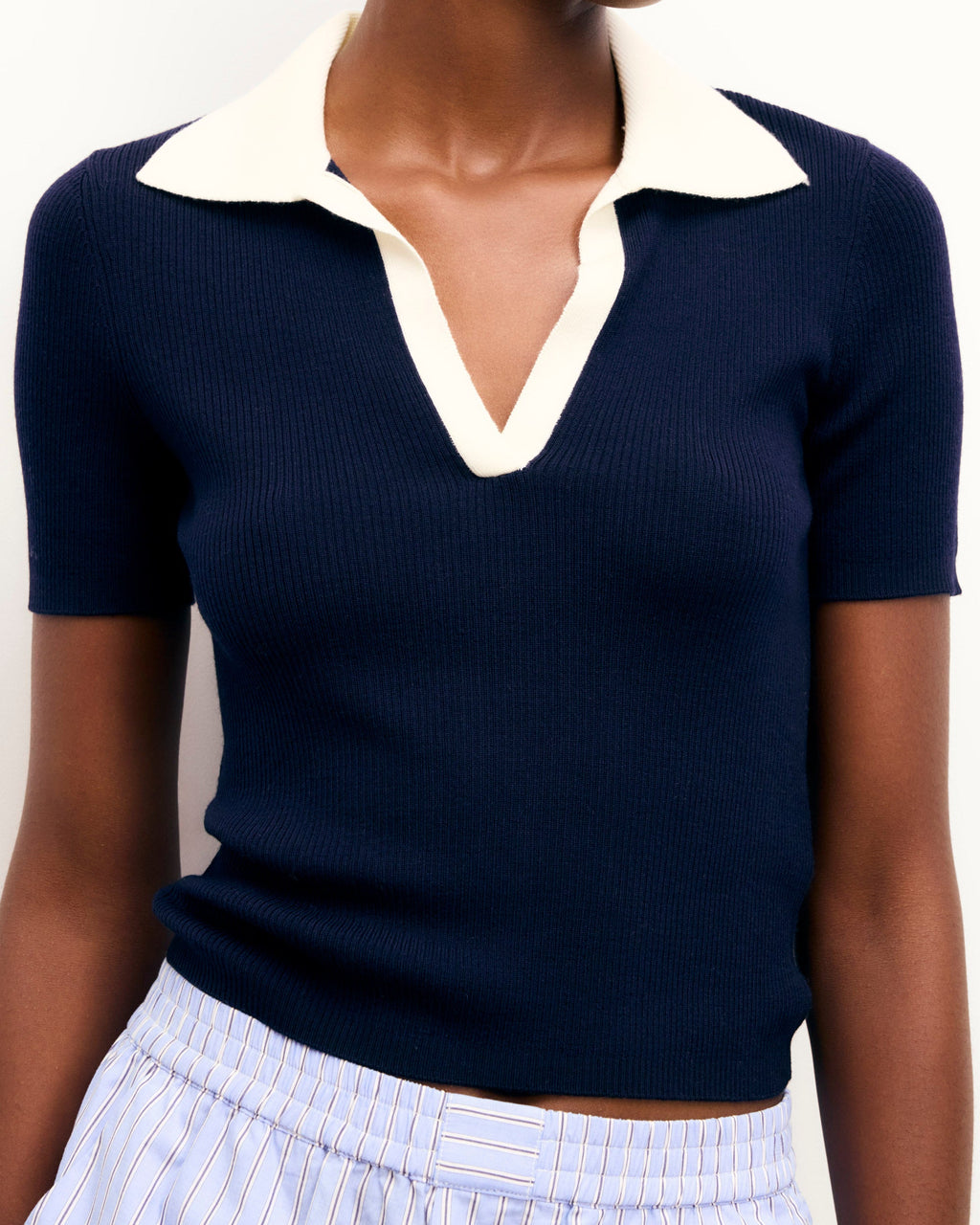 Two-Tone Short-Sleeved Top - Navy - Women