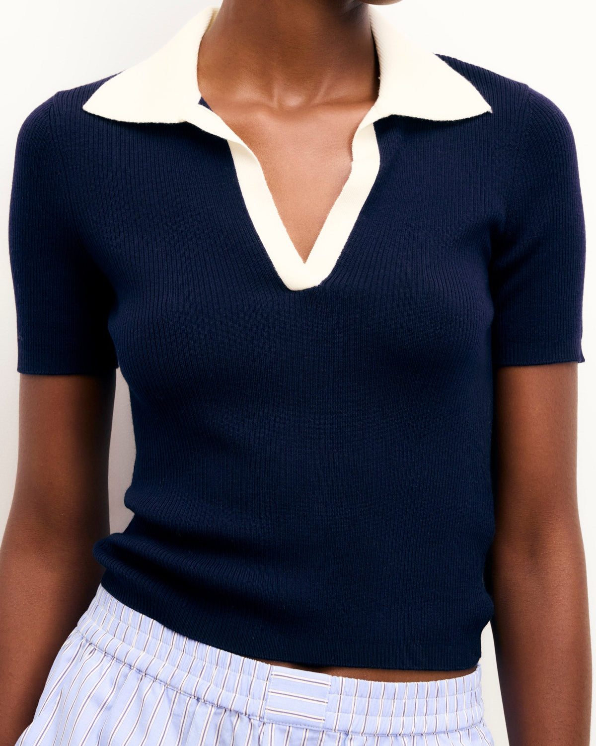 Two-Tone Short-Sleeved Top - Navy - Women