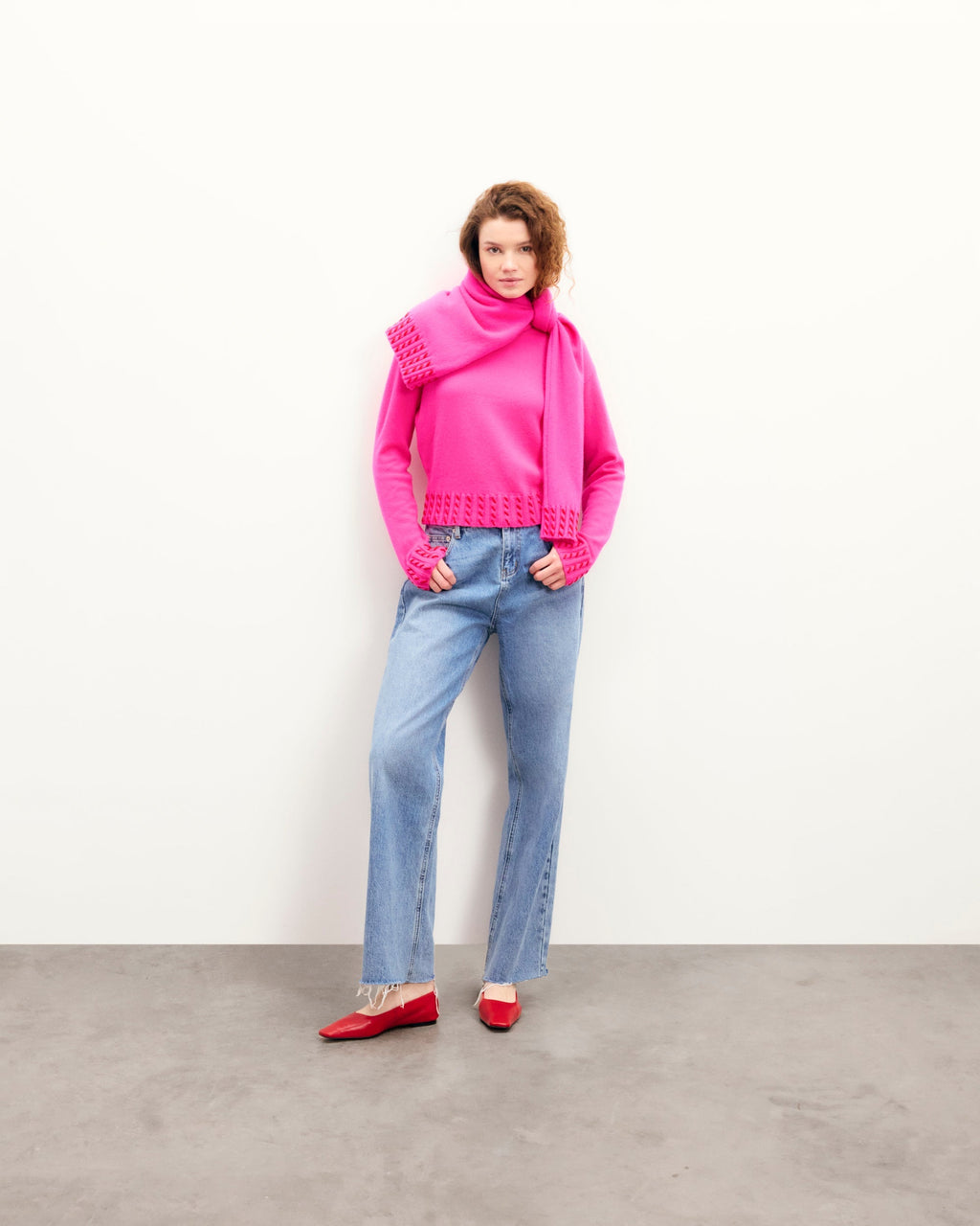 Jersey de cuello redondo con bordes bordados - Rosa pasión - Mujer