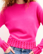 Jersey de cuello redondo con bordes bordados - Rosa pasión - Mujer