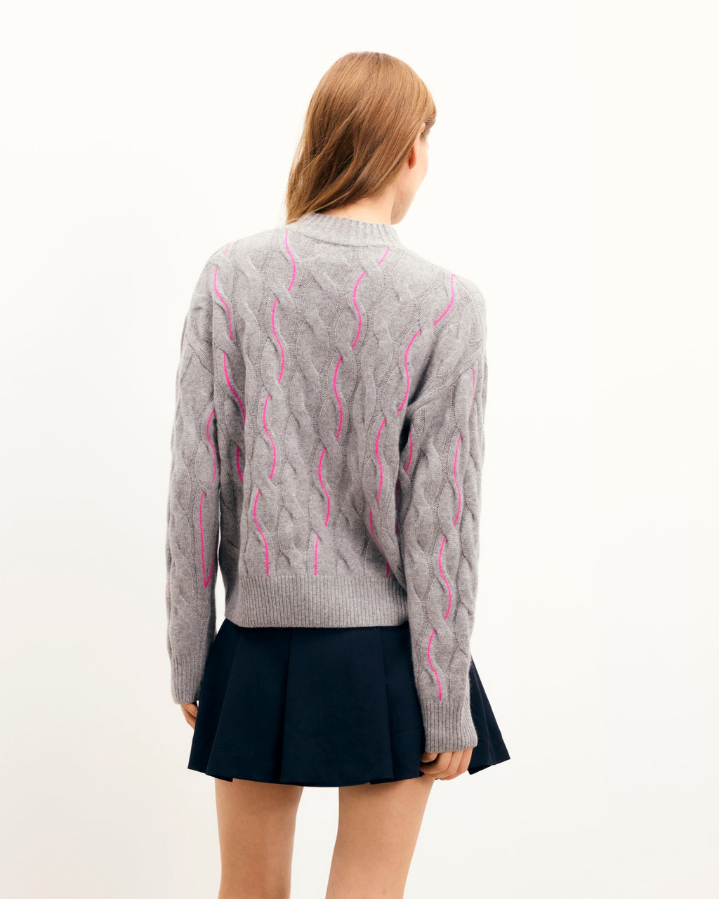 Crew-Neck Cable-Knit and Contrast Yarn Jumper - 1500 Dark Mottled Grey - Women