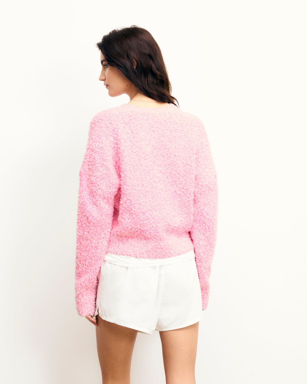 Cropped Round-Neck Contrasting Fancy Yarn Jumper - Fantasy Pink - Women