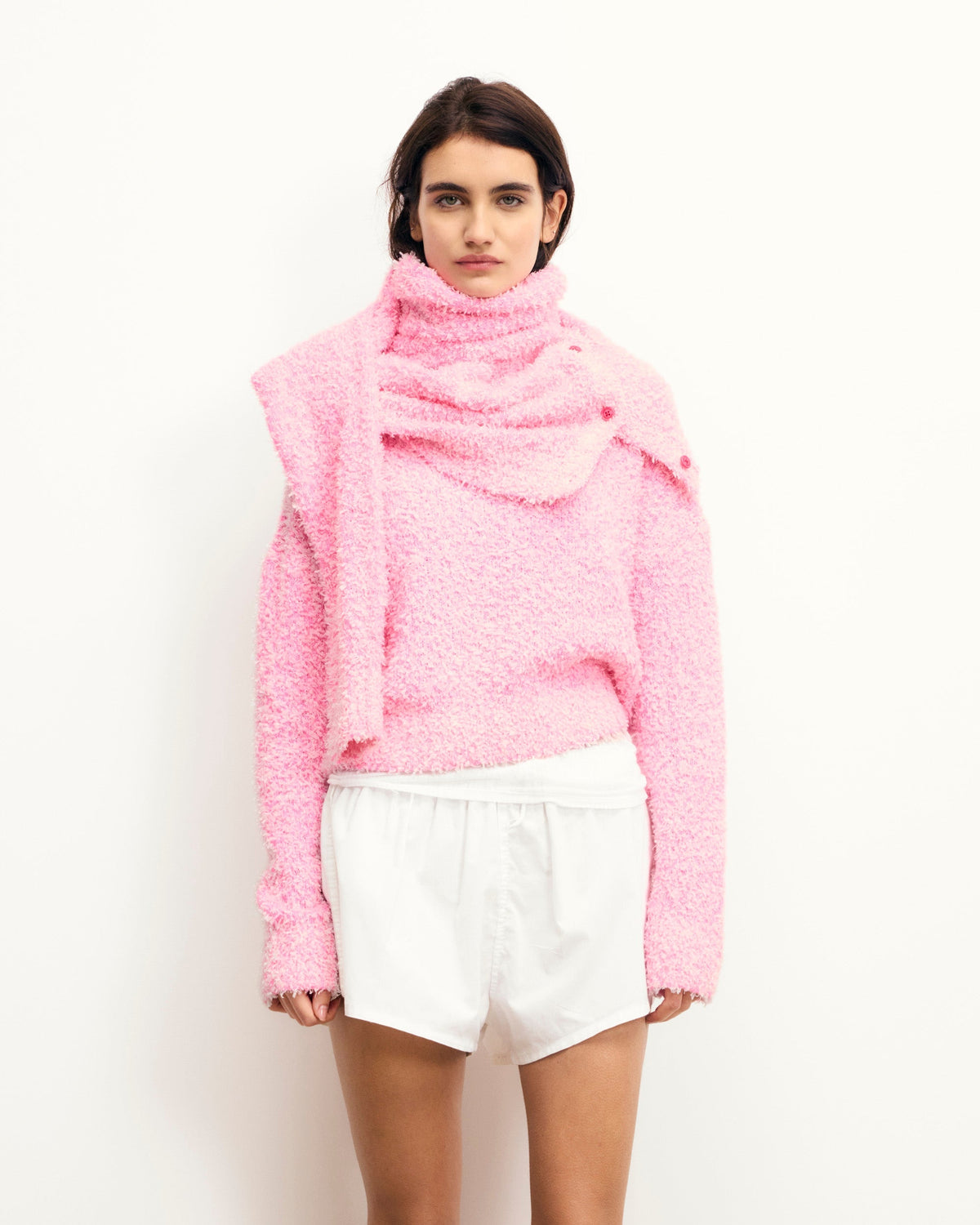 Cropped Round-Neck Contrasting Fancy Yarn Jumper - Fantasy Pink - Women