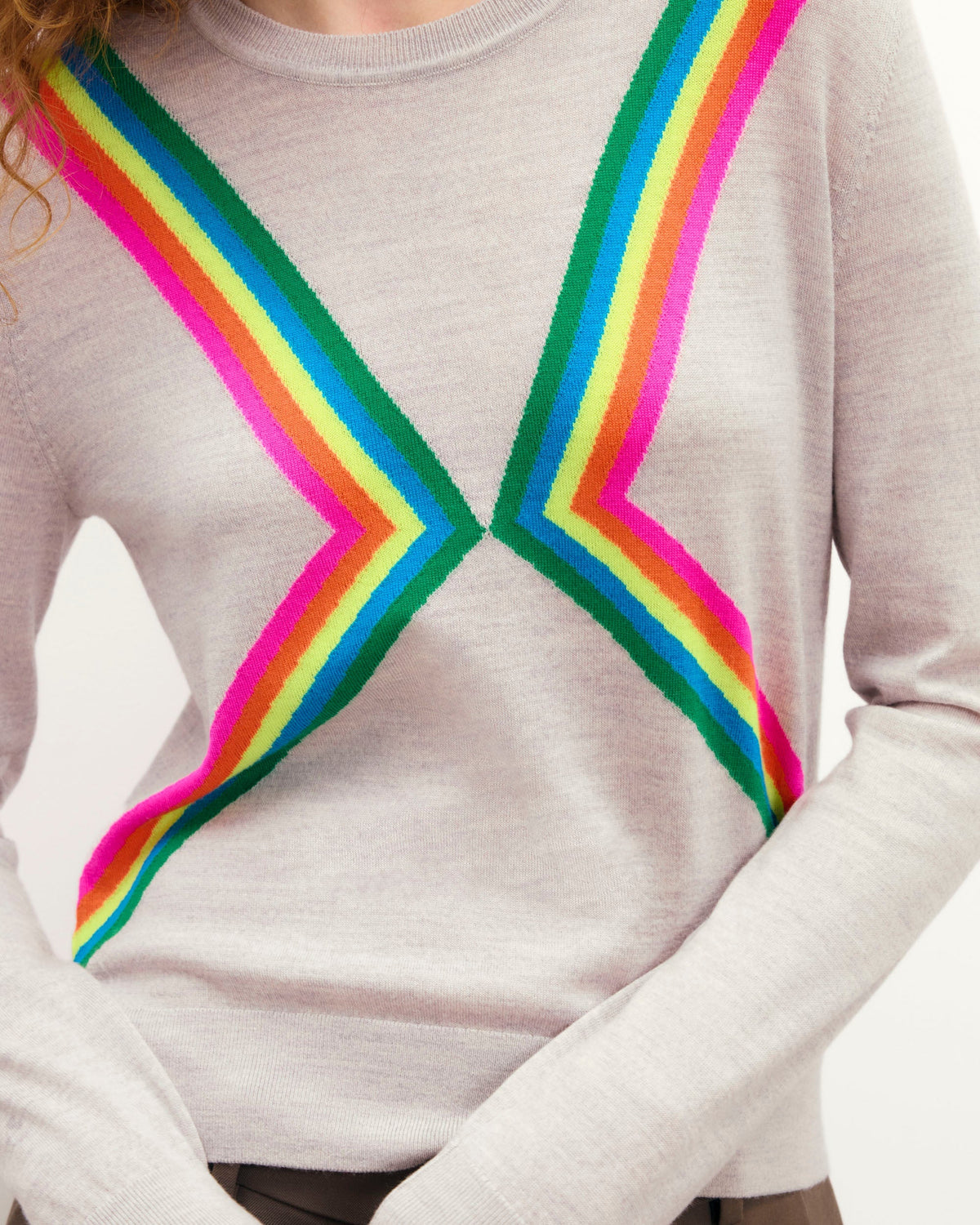 Pull Col Rond Bandes Multicolores - 1502 Gris Chiné Clair - Femme
