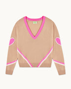 Jersey de Cuello en V con Corazones y Rayas - Tropical Camel - Mujer