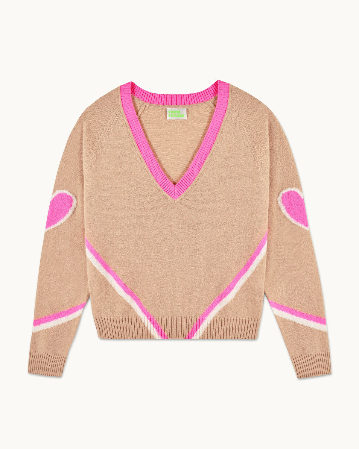 Jersey de Cuello en V con Corazones y Rayas - Tropical Camel - Mujer