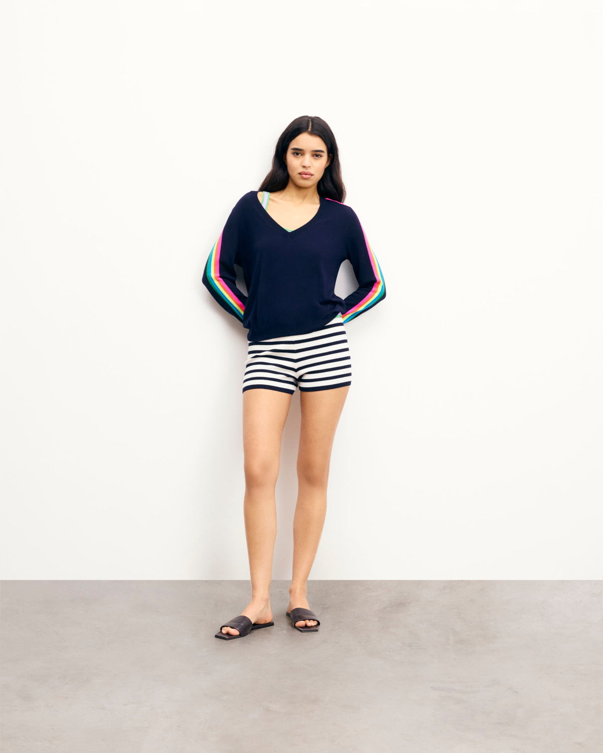 V-Neck Multicoloured Striped Jumper - Navy - Women