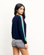 V-Neck Multicoloured Striped Jumper - Navy - Women