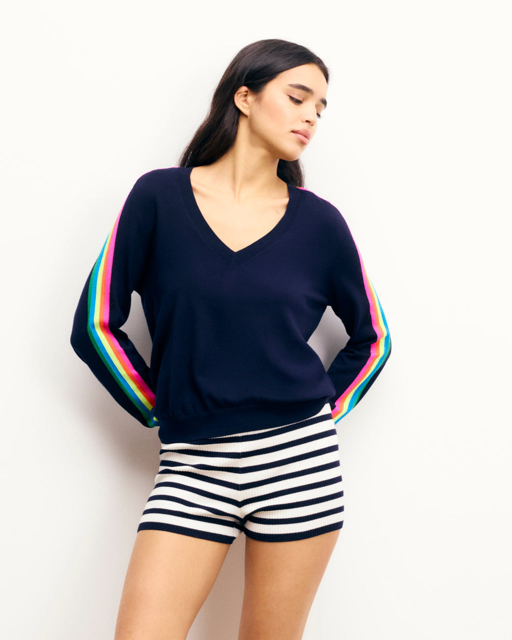 V-Neck Multicoloured Striped Jumper - Navy - Women