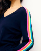 V-Neck Multicoloured Striped Jumper - Navy - Women