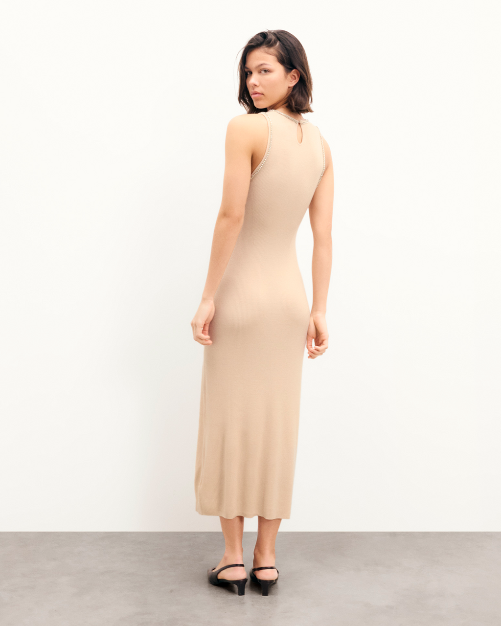 Rhinestone Strap Maxi Dress - Light Beige - Women