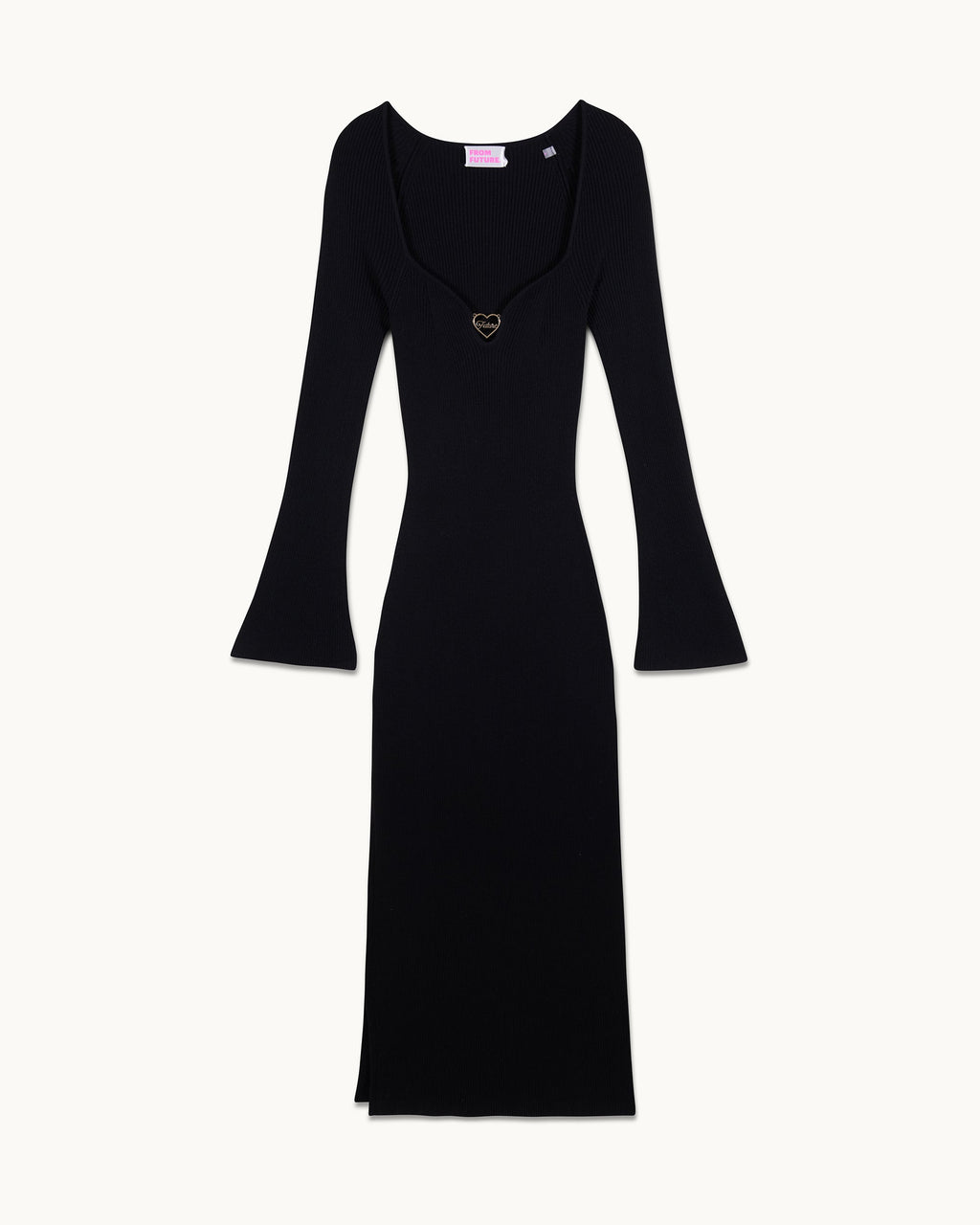 Vestido Largo de Manga Larga con Joyas de Corazón - Negro - Mujer