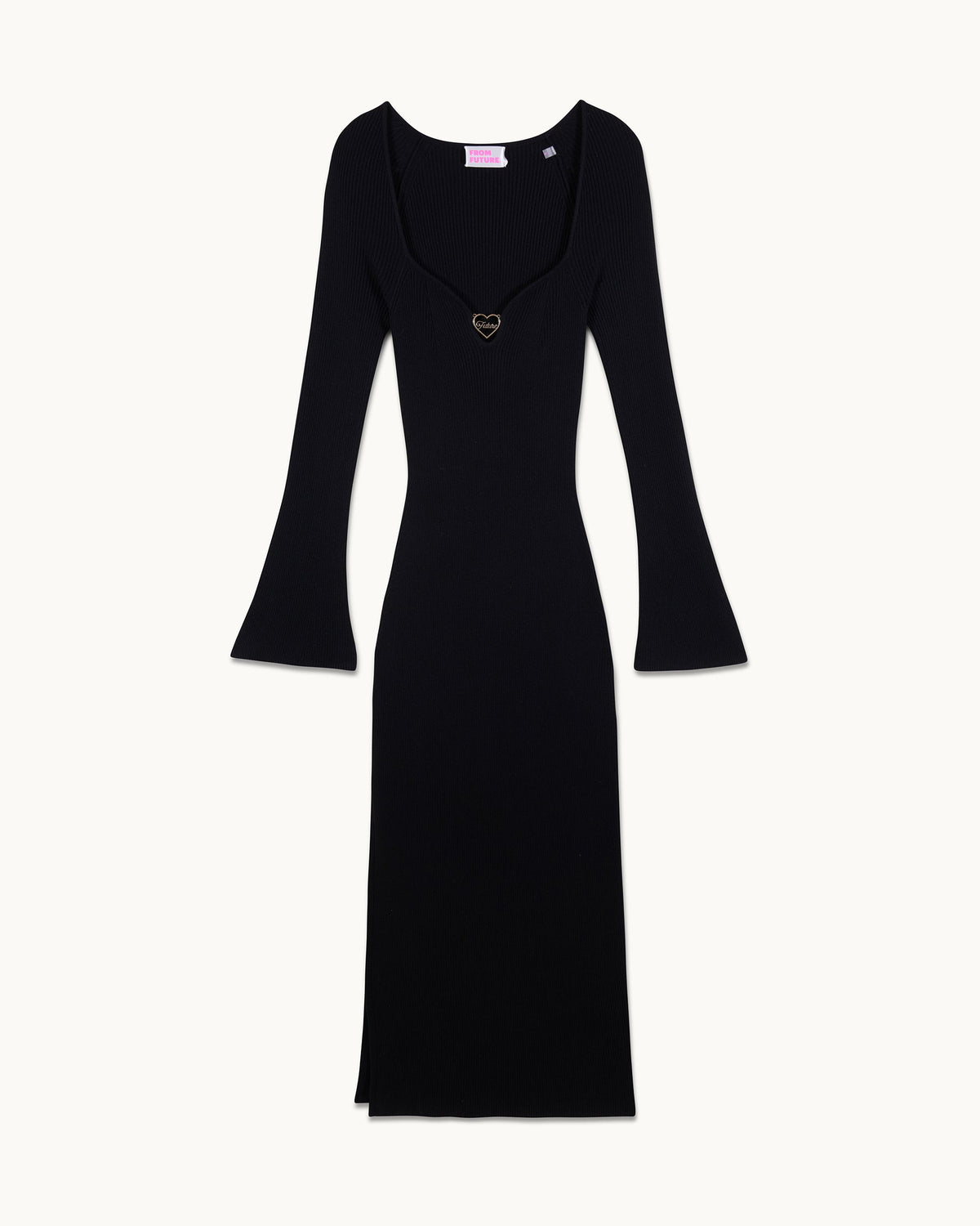 Vestido Largo de Manga Larga con Joyas de Corazón - Negro - Mujer