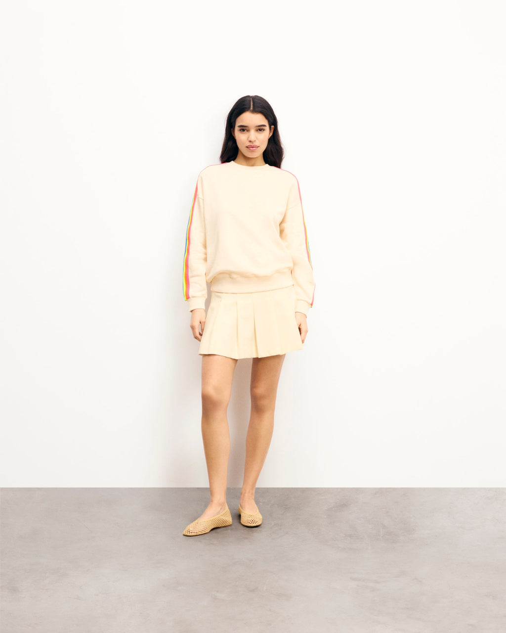 Sudadera de Cuello Redondo con Bandas Multicolores - Arena - Mujer