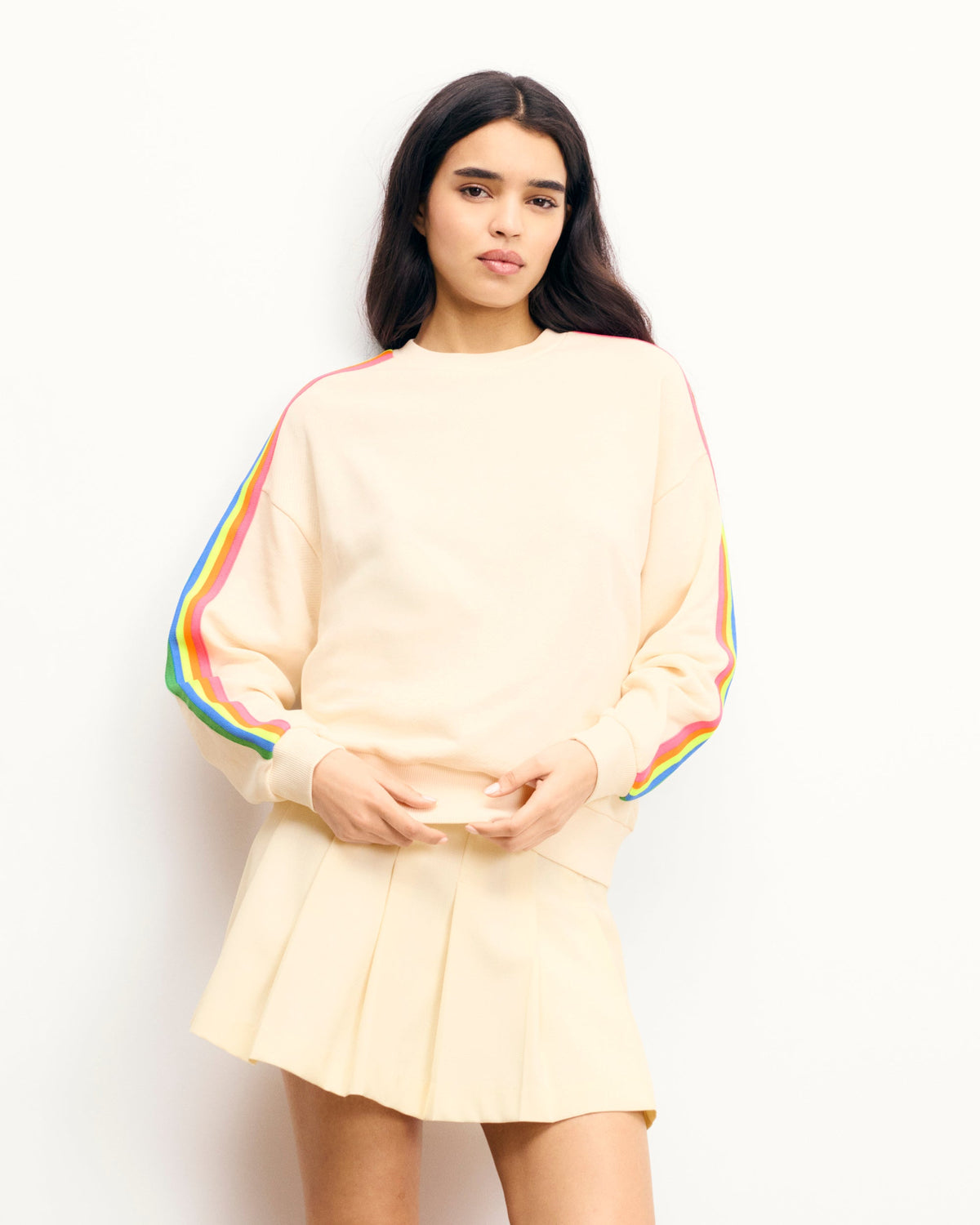 Sudadera de Cuello Redondo con Bandas Multicolores - Arena - Mujer