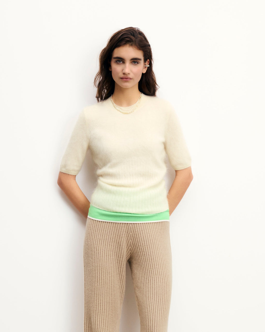 Short Sleeve Brushed Cashmere Top - Ecru - Women