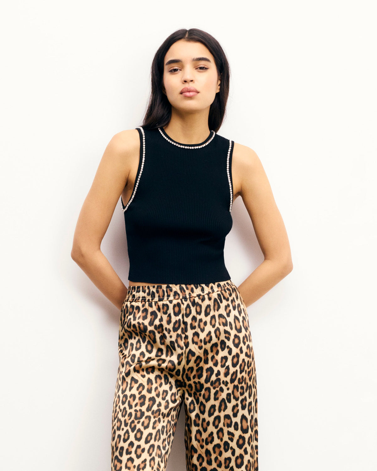 Top Canotta Collo con Strass - Nero - Donna