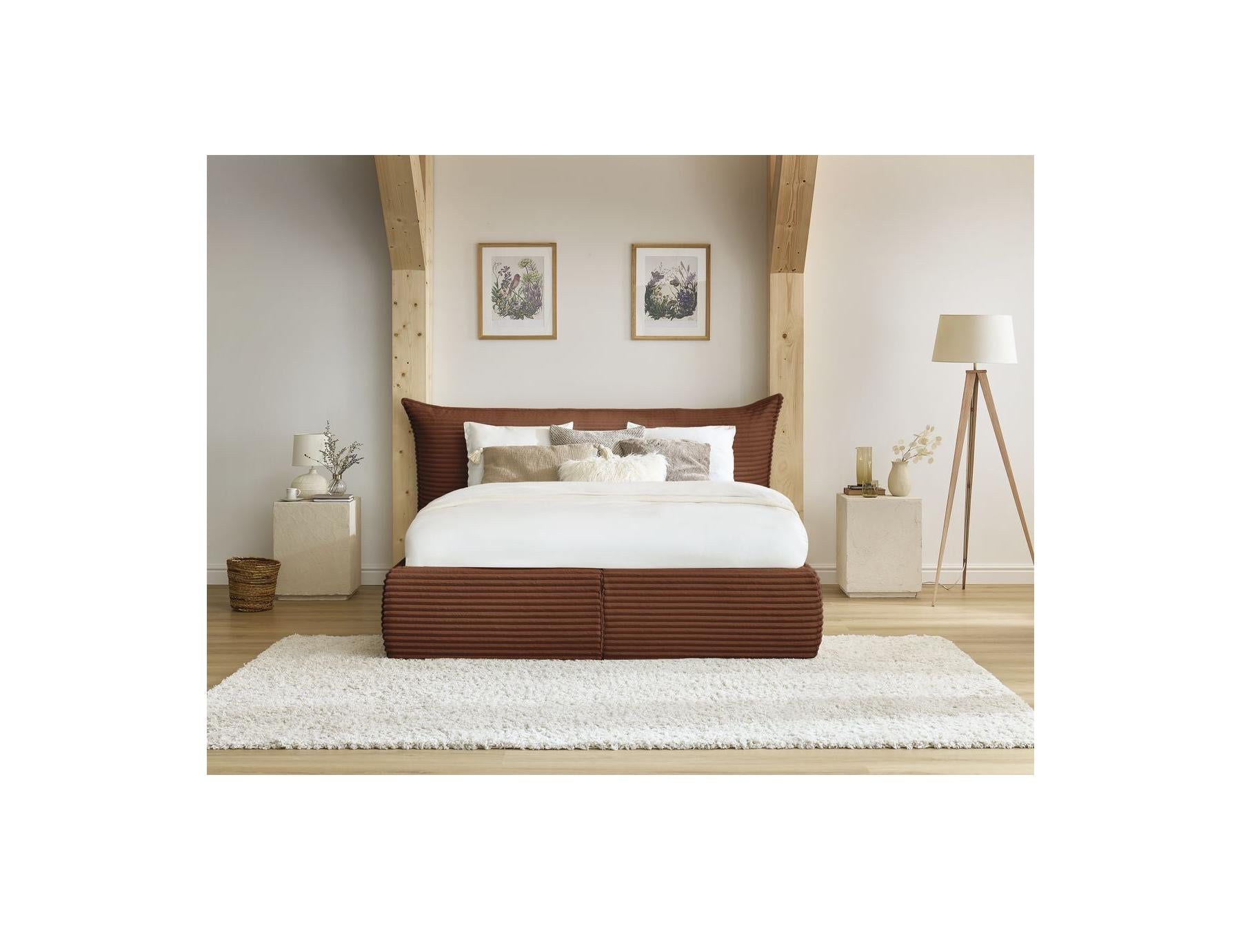 Jade - Cama con arcón con cabecero efecto almohada - Pana gruesa suave