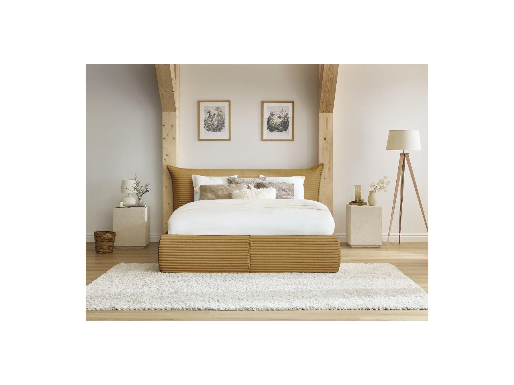 Jade - Cama con arcón con cabecero efecto almohada - Pana gruesa suave