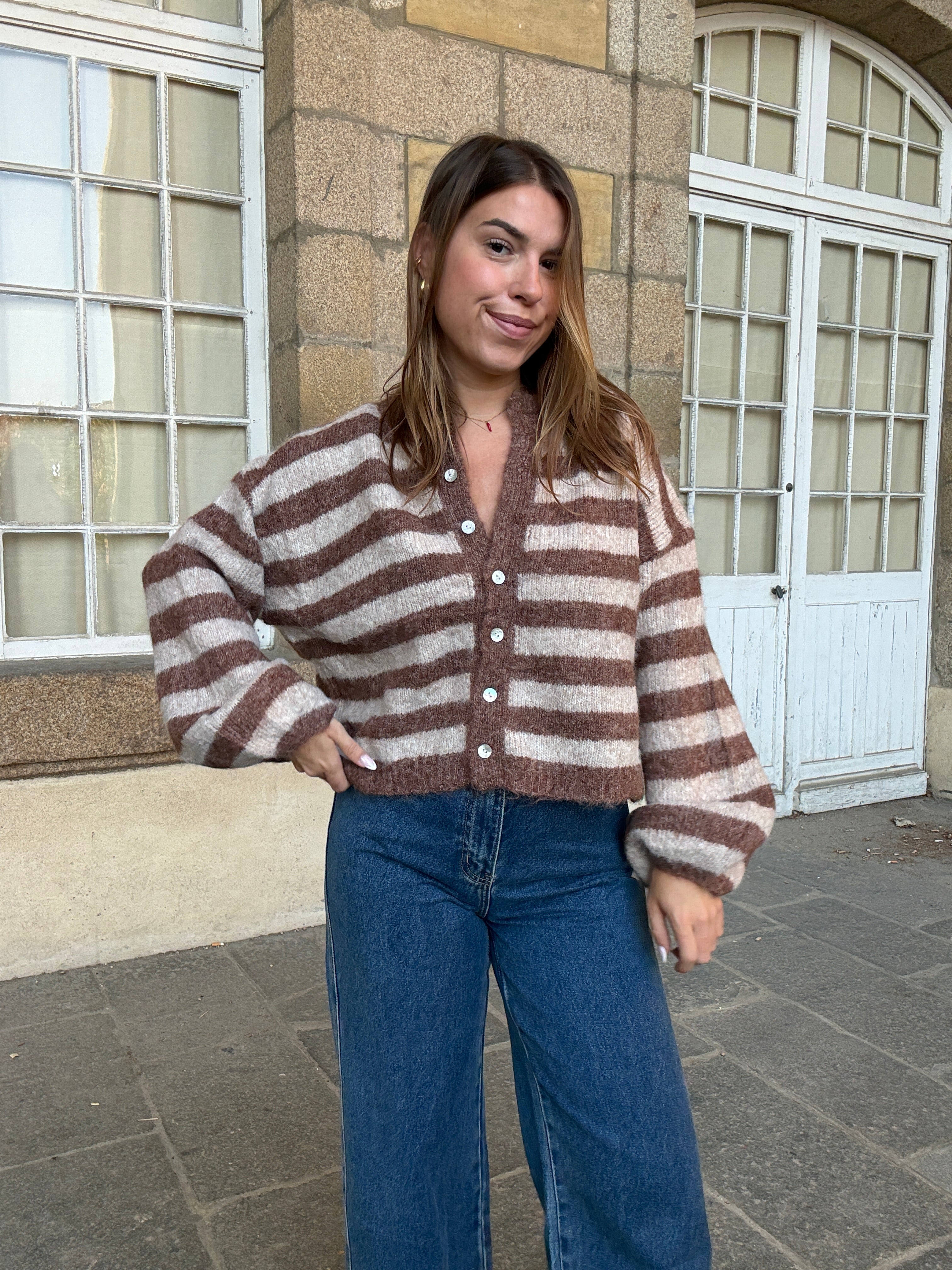 Cardigan Véra Rayé Camel Et Beige