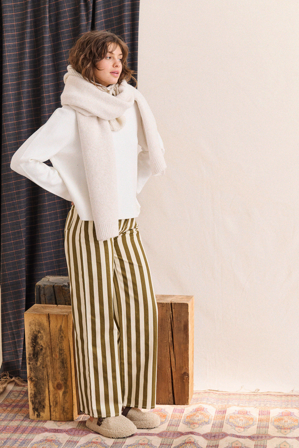 Pepita Trousers - White Khaki Striped