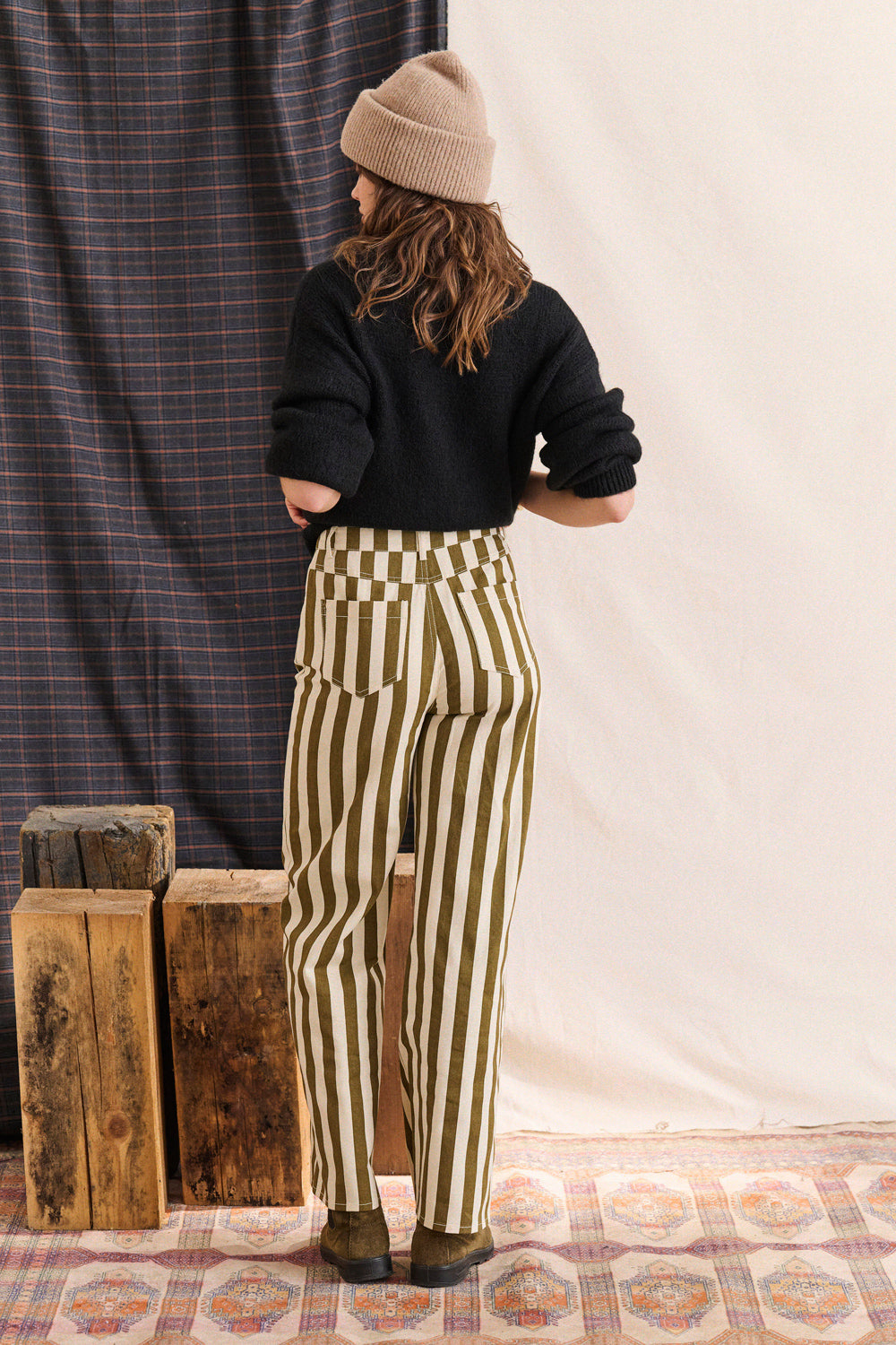 Pepita Trousers - White Khaki Striped