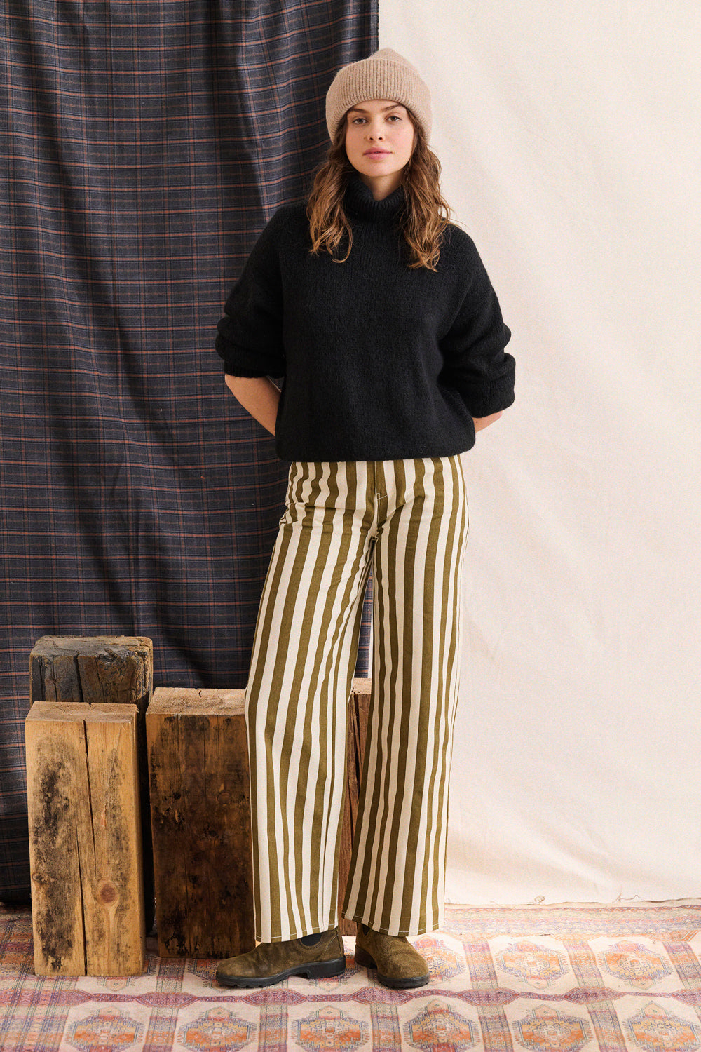 Pepita Trousers - White Khaki Striped