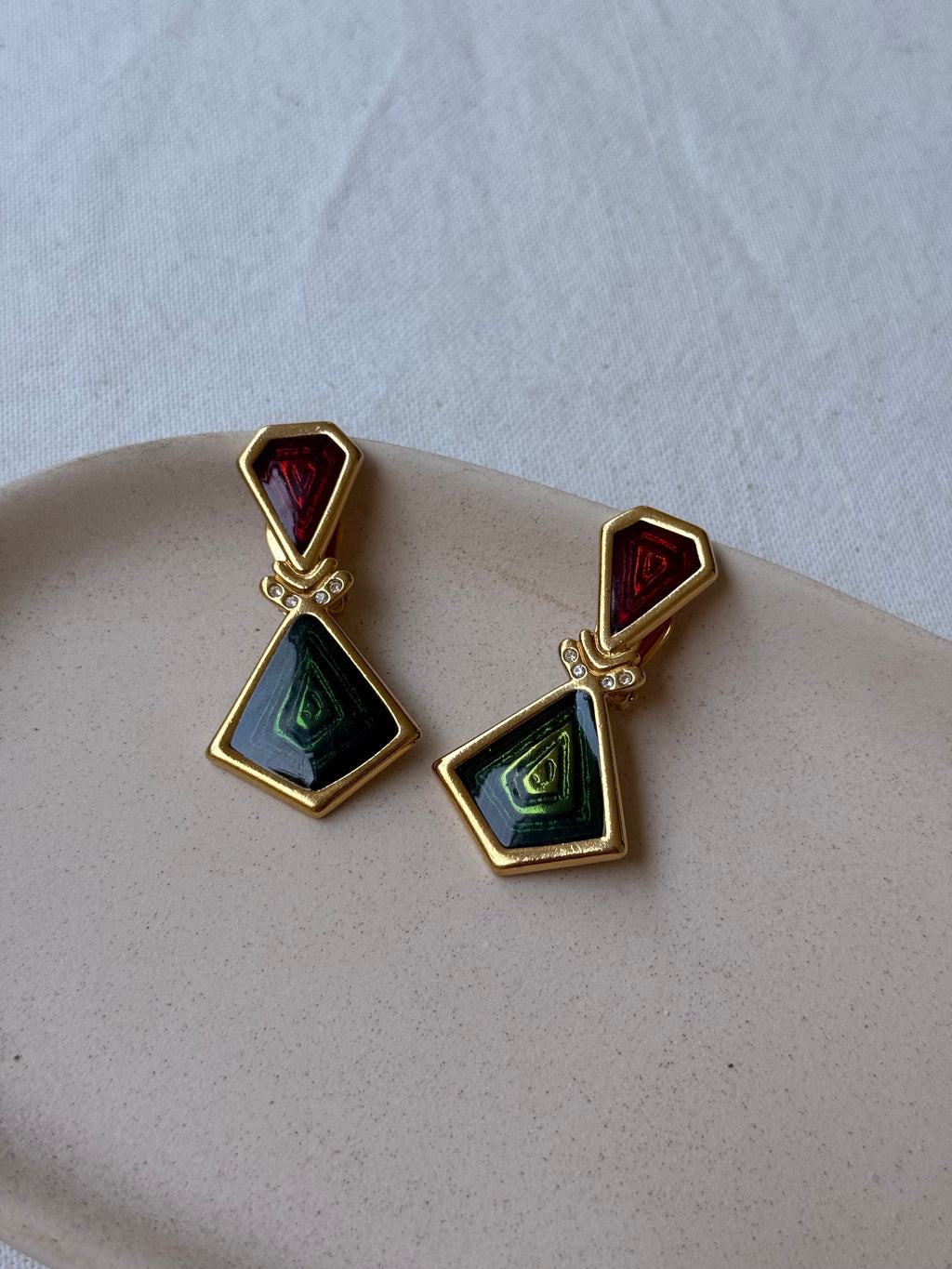 Boucles D’Oreilles Vintage - Émaillées Rouges Et Verts