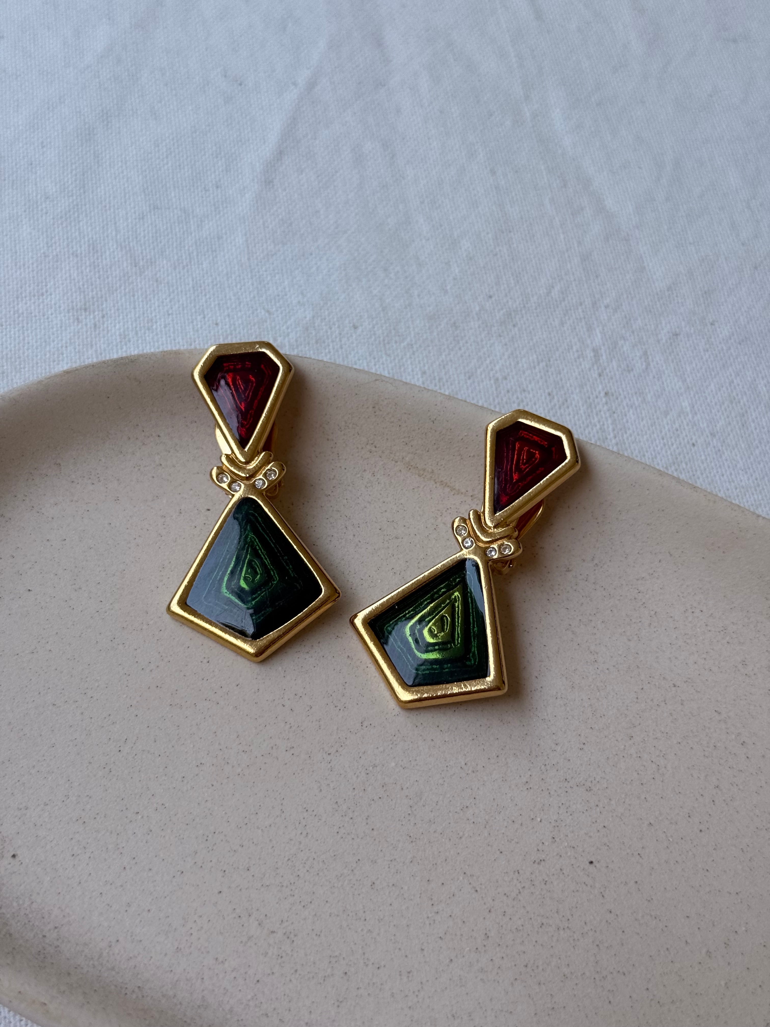 Boucles D’Oreilles Vintage - Émaillées Rouges Et Verts