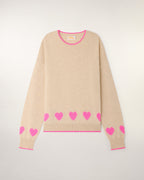 Pull Col Rond à Motifs Cœurs - Beige Chiné