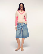 Pull Col V Bandes Contrastées - Beige Chiné