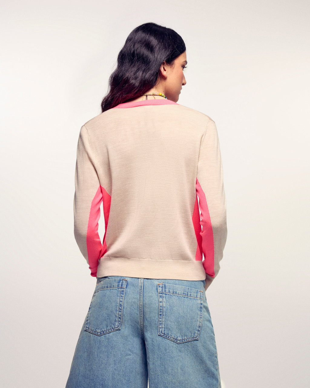Pull Col V Bandes Contrastées - Beige Chiné