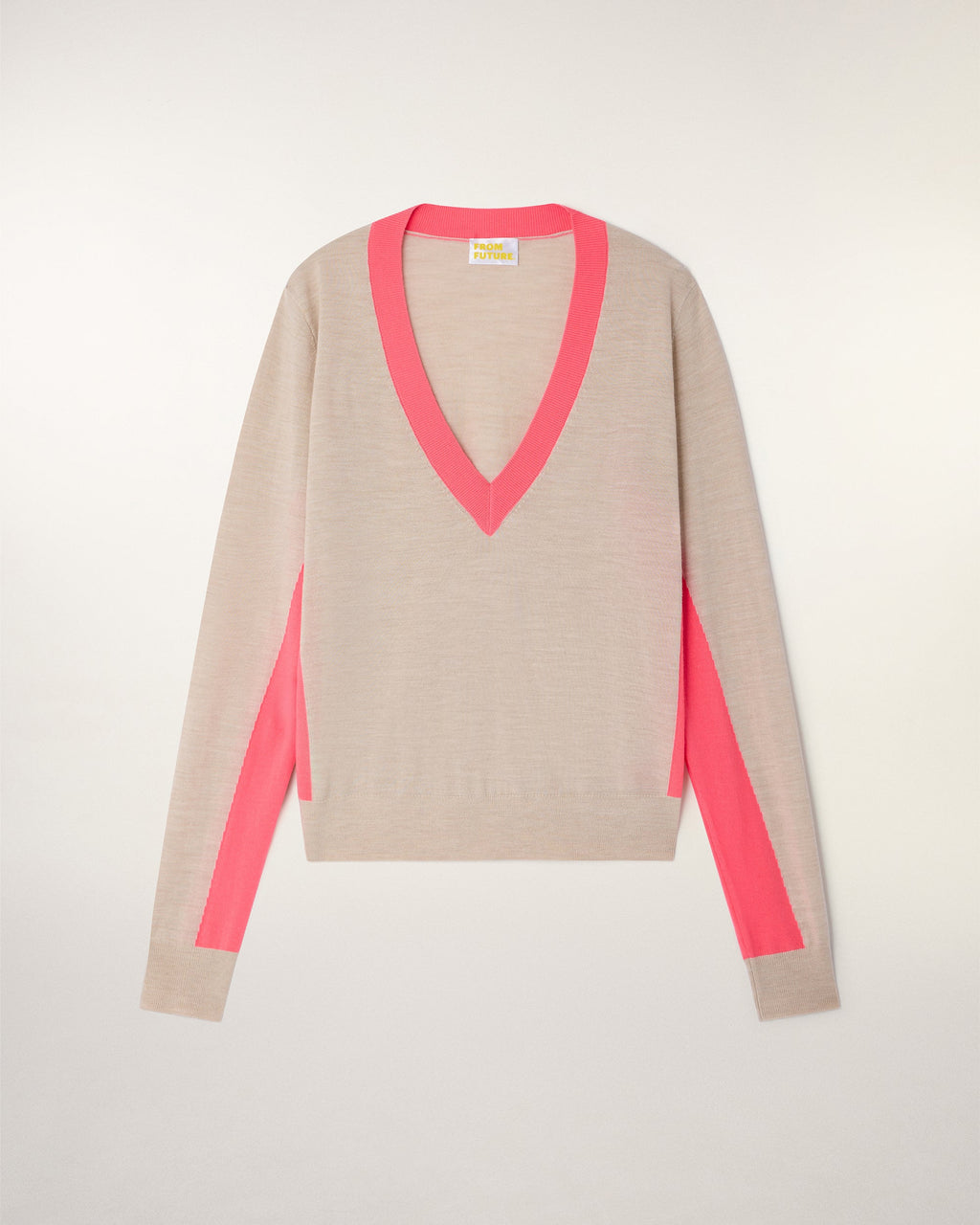 Pull Col V Bandes Contrastées - Beige Chiné