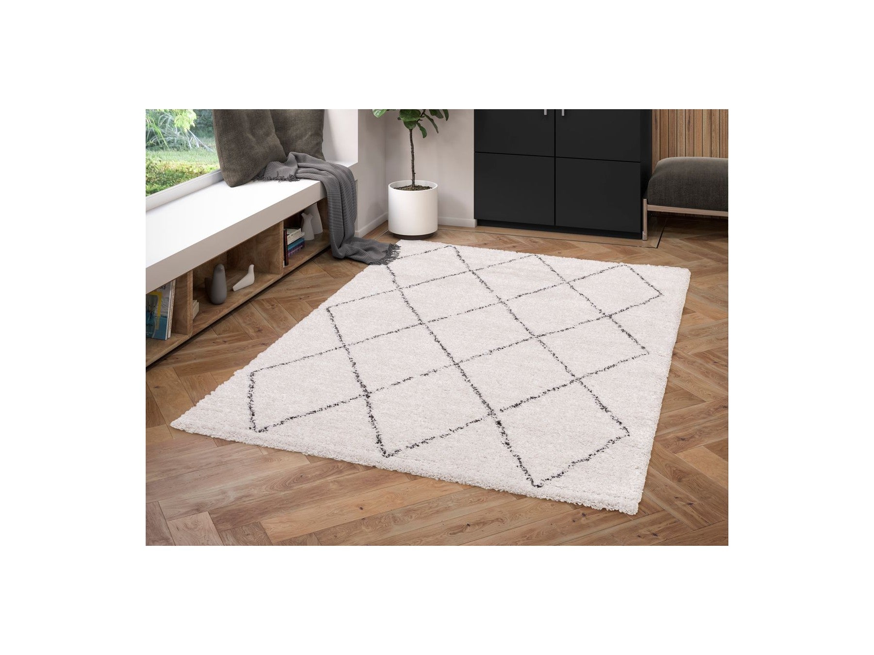 Renaud - Alfombra de pelo largo - Motivo gráfico - Beige