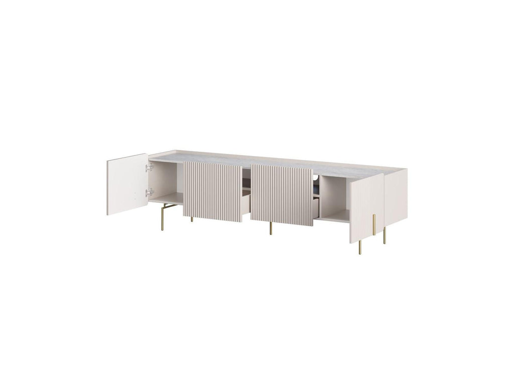Mathilde - Mueble de TV 4 puertas con encimera efecto mármol y patas doradas