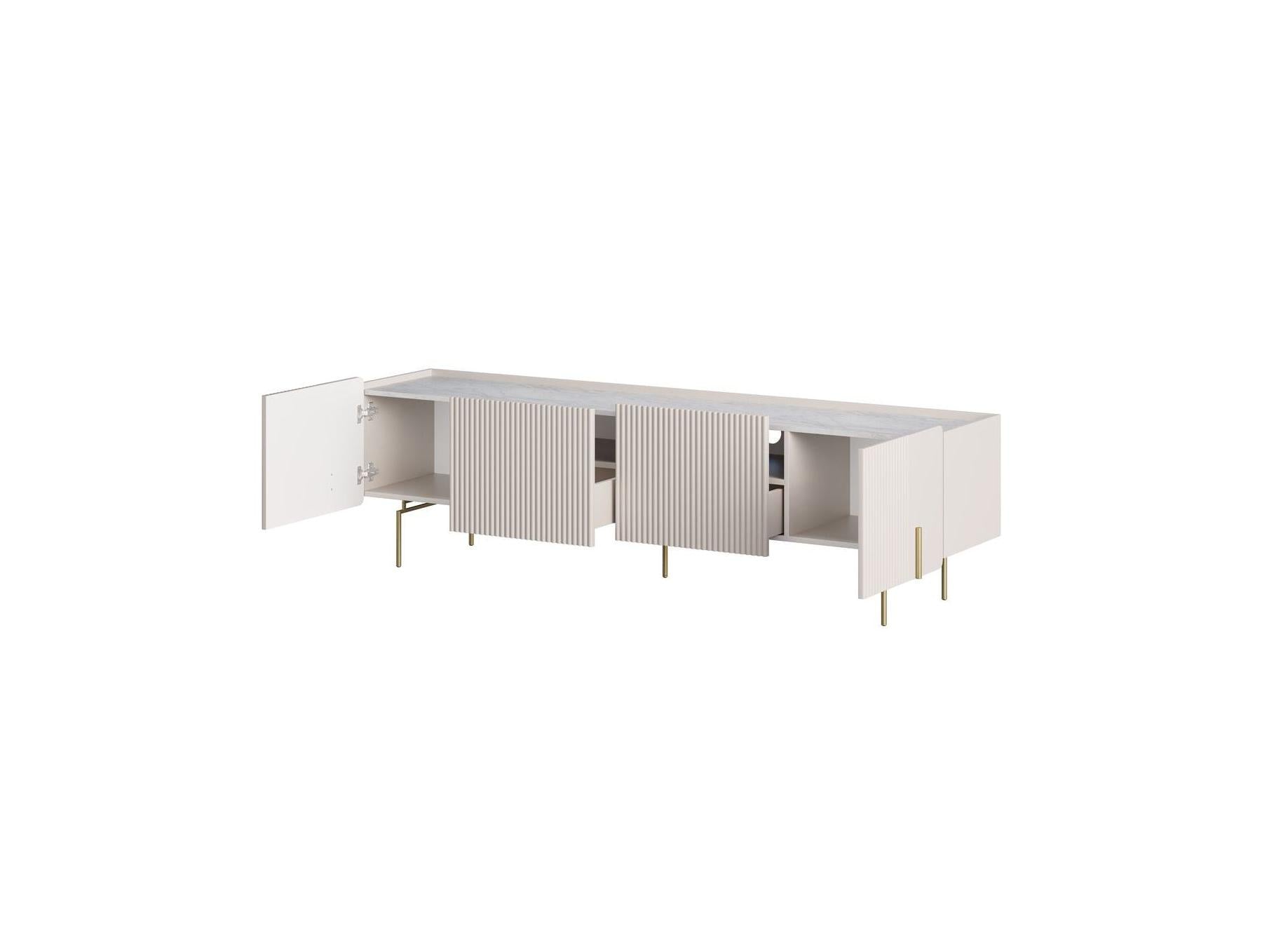 Mathilde - Mueble de TV 4 puertas con encimera efecto mármol y patas doradas
