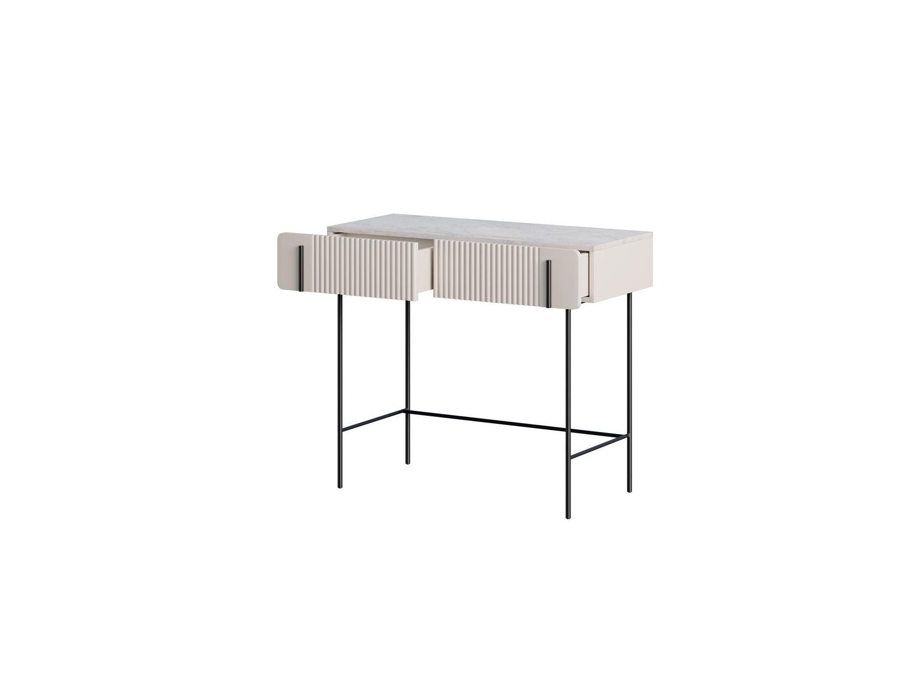 Mathilde - Console 2 Tiroirs Plateau - Effet Marbre Et Pieds Noir