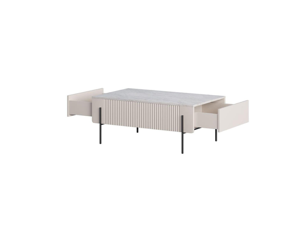 Mathilde - Table Basse 2 Tiroirs - Plateau Effet Marbre Et Pieds Noirs