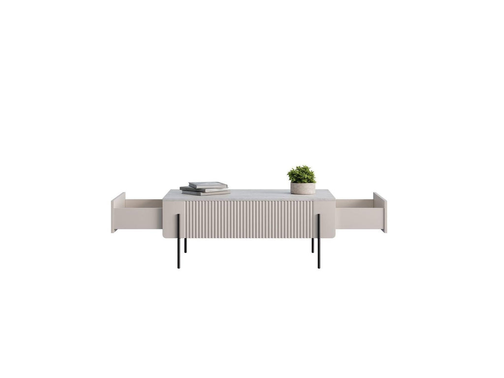 Mathilde - Table Basse 2 Tiroirs - Plateau Effet Marbre Et Pieds Noirs