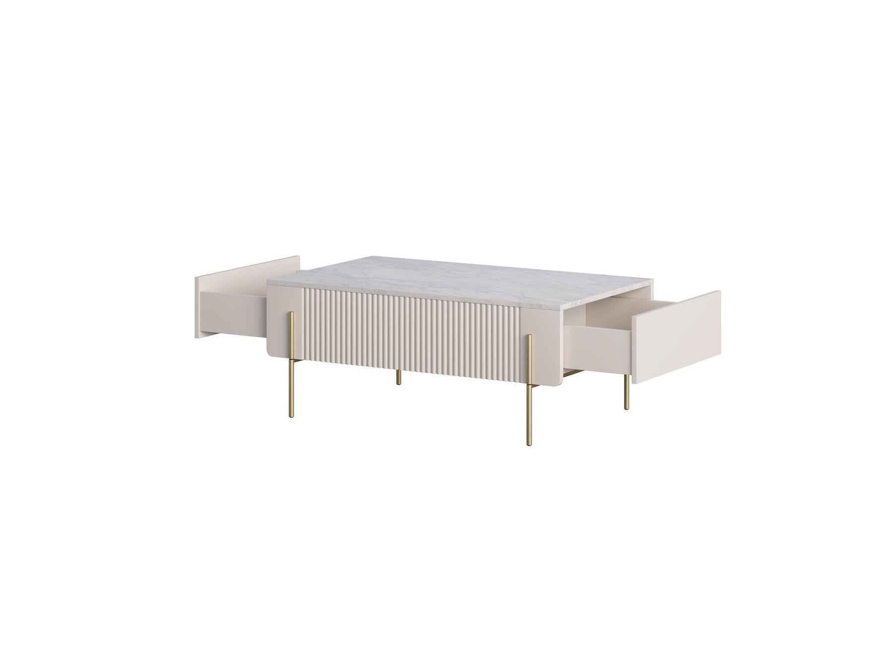 Mathilde - Mesa de centro 2 cajones - Tablero efecto mármol y patas doradas