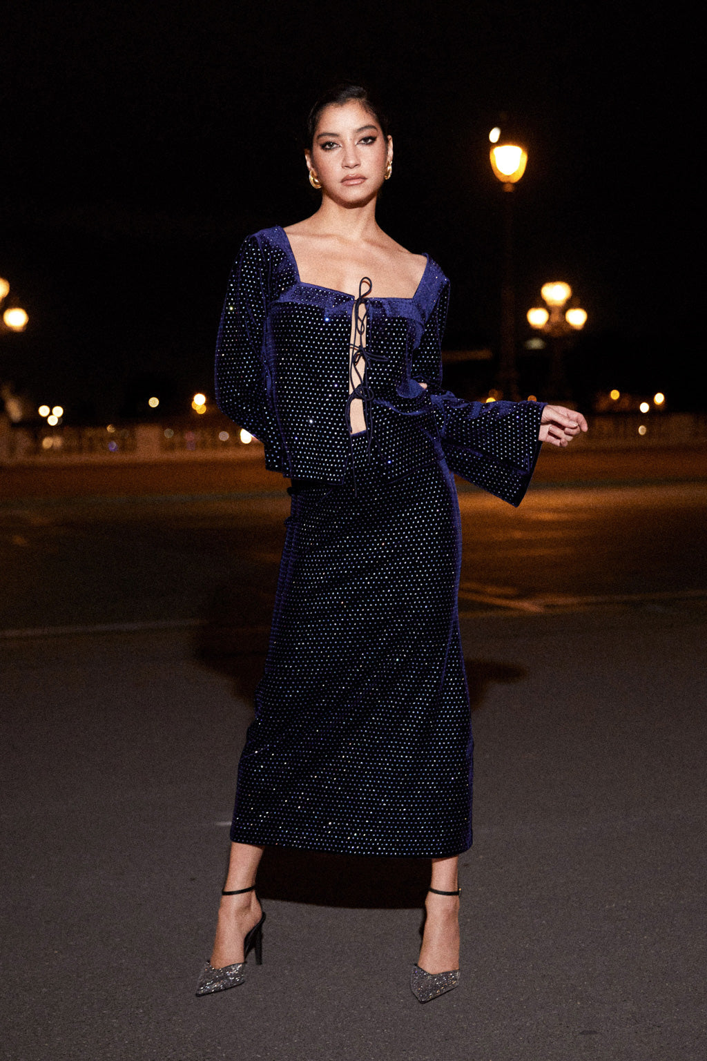 Falda midi de terciopelo con cristales - Azul Palace