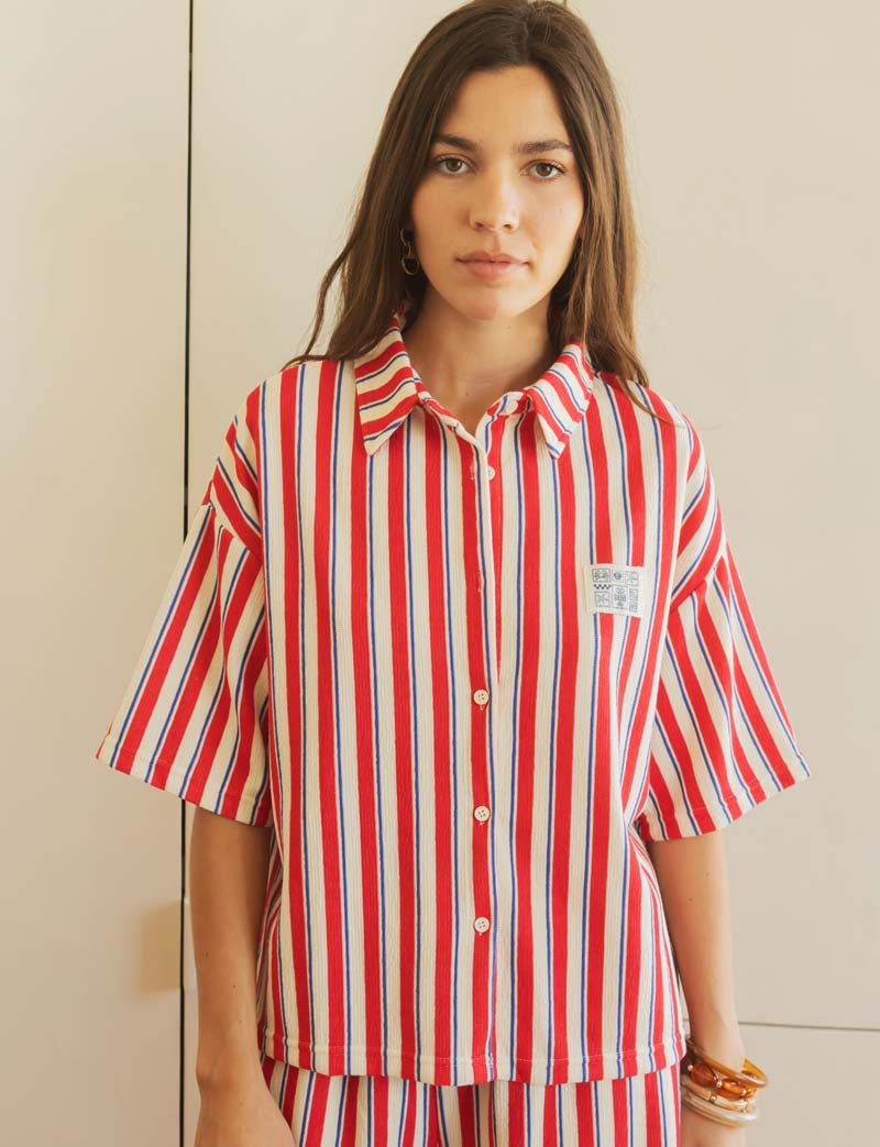 Blouse Met Rode & Marineblauwe Strepen Coren
