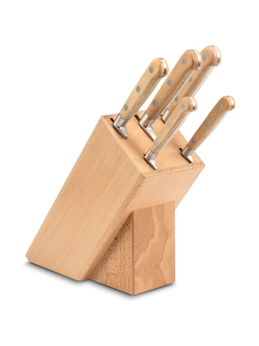 De Buyer – Idéal Brocéliande - Bloc Verneuil + 5 Couteaux - Hêtre - Bois, bloc de couteaux en bois clair avec cinq couteaux à manche en bois