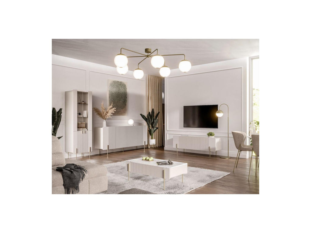 Mathilde - Mueble de TV 4 puertas con encimera efecto mármol y patas doradas